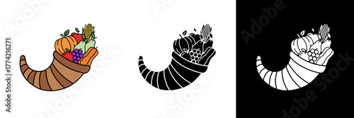 Vector illustration of a cornucopia filled with fruits and vegetables. Harvest, Thanksgiving, and abundance symbol. Includes color, black, and white versions.