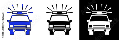 A blue police car with flashing lights on the roof. The monochrome versions highlight authority, safety, and law enforcement on the road.