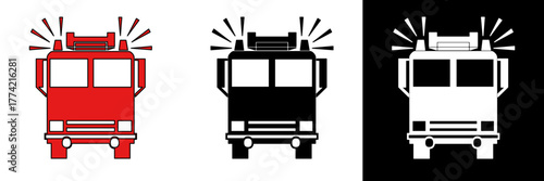 Red fire truck vector with flashing lights on top. Emergency vehicle and rescue service concept. Available in color, black, and white styles for various uses.