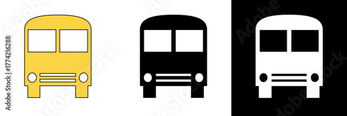 A yellow bus is shown from the front, with two large windows and round headlights. The black and white versions depict a simple public transportation icon.