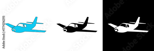 Vector illustration of a light blue airplane in flight. Aviation, travel, and transportation concept. Includes color, black, and white versions for design flexibility.
