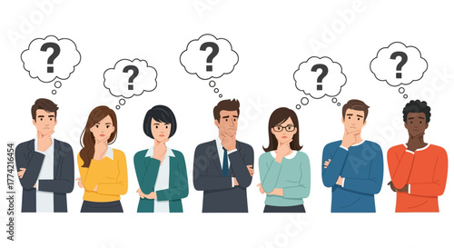 Diverse Group Thinking Question Marks - Flat Vector Illustration