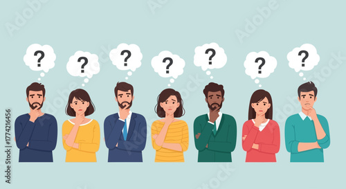 Diverse Group Thinking Question Marks - Flat Vector Illustration