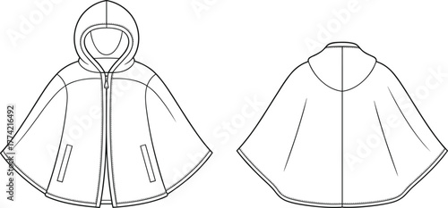 Hooded cape flat sketch, technical fashion drawing, apparel design template, front and back view, zipper closure, welt pockets, flared silhouette illustration