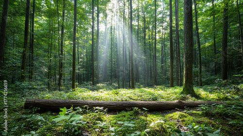Fototapeta Naklejka Na Ścianę i Meble -  Serene forest scene with sunlight filtering through tall trees, illuminating fallen log