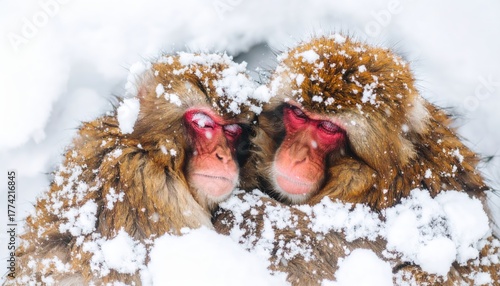 Serene snow monkeys: A close-up portrait of tranquility during winter season