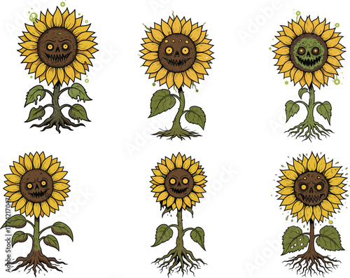 Creepy sunflower monster faces, spooky floral horror vector illustration, scary Halloween plant design with roots and teeth, eerie fantasy botanical art
