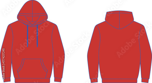 Hoodie flat sketch, technical fashion drawing, apparel design template, front and back view, hooded sweatshirt, kangaroo pocket, ribbed cuffs illustration