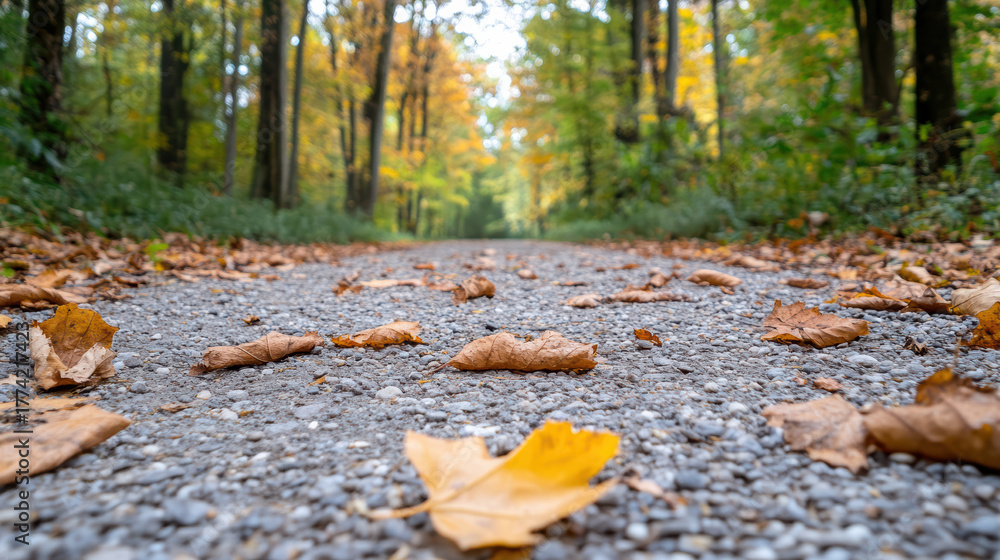 Obraz premium Serene gravel path through autumn woods, adorned with fallen leaves, invites tranquility