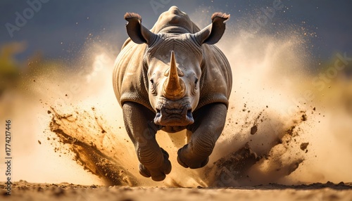 Intense rhino charge: Wildlife action captured in a dust-filled African landscape