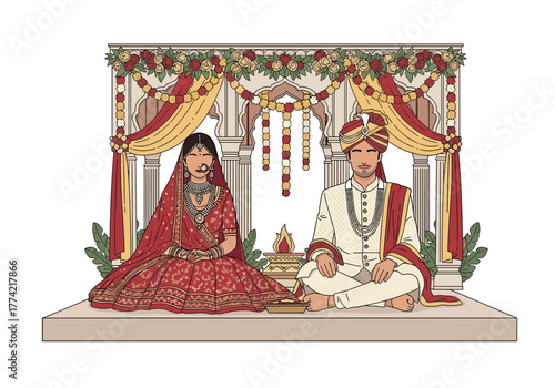 Hindu Wedding Ritual with Indian Bride and Groom Sitting by Sacred Fire