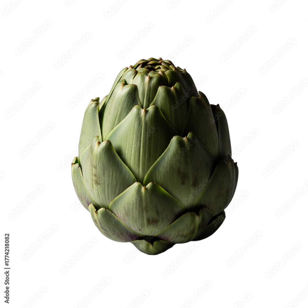 Obraz premium A single, perfect, raw artichoke, green and purple leaves forming a beautiful flower-like pattern. Dramatic side lighting highlights its unique texture. Ideal for gourmet recipes, healthy eating,