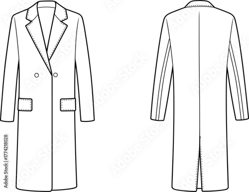 Long coat flat sketch, technical fashion drawing, apparel design template, front and back view, double breasted, notched lapel, flap pockets illustration