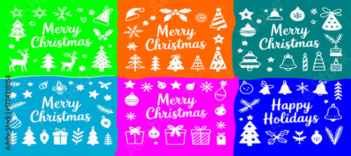 Merry Christmas Cards Set with Hand Drawn Doodle Elements, Sketch Style Holiday Vector Illustrations, Festive Greeting Card Collection in DIN A6 Format, Black Silhouette Christmas Design on White Back