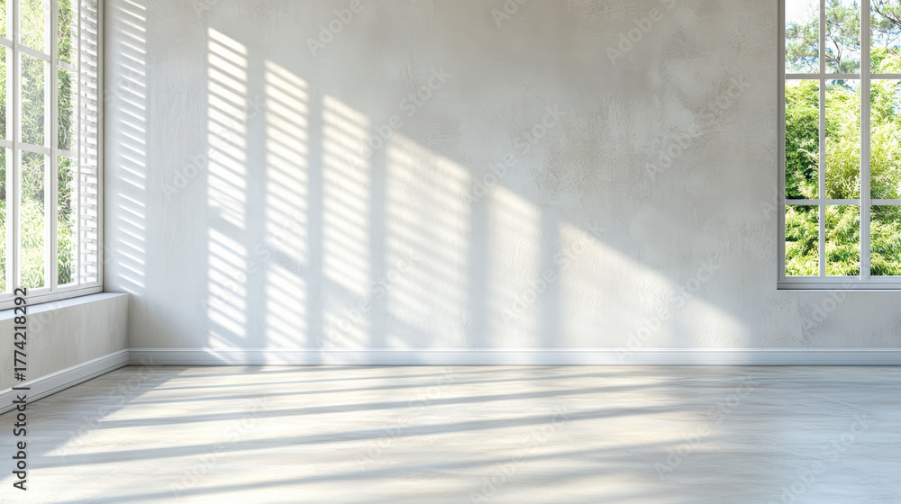 Obraz premium Bright room with shadows from shutters creating serene atmosphere and inviting light