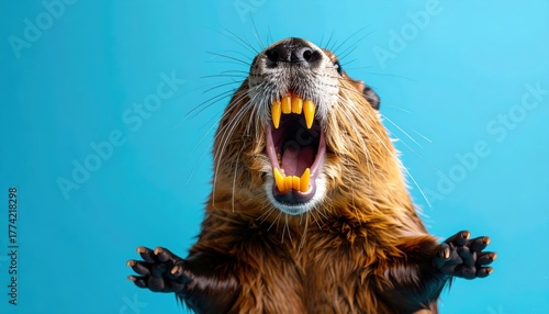 Dramatic beaver portrait showing formidable incisors, aquatic rodent closeup