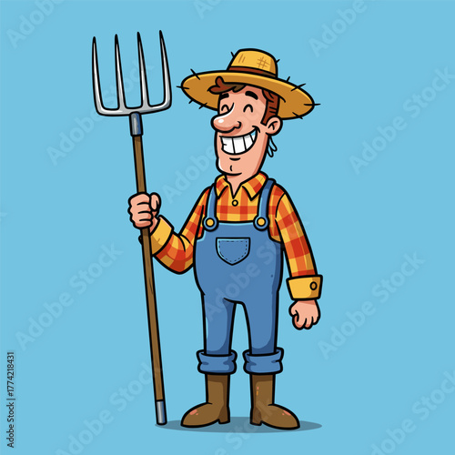 Cheerful cartoon farmer in overalls and straw hat holding a pitchfork on a blue background.