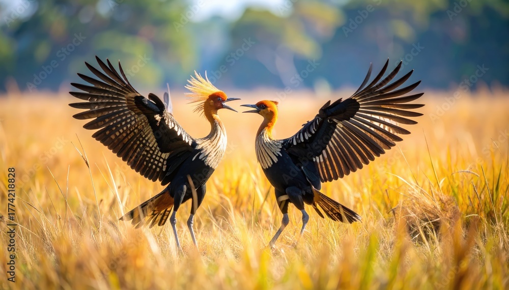 Fototapeta premium Bengal Floricans duel in golden grasslands, courtship display of exotic birds