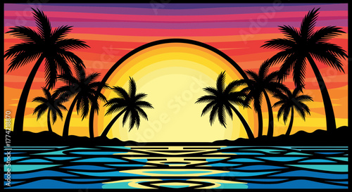 Vibrant synthwave tropical beach sunset with silhouetted palm trees, calm ocean, and striking rainbow-like gradient sky, perfect for retro designs.