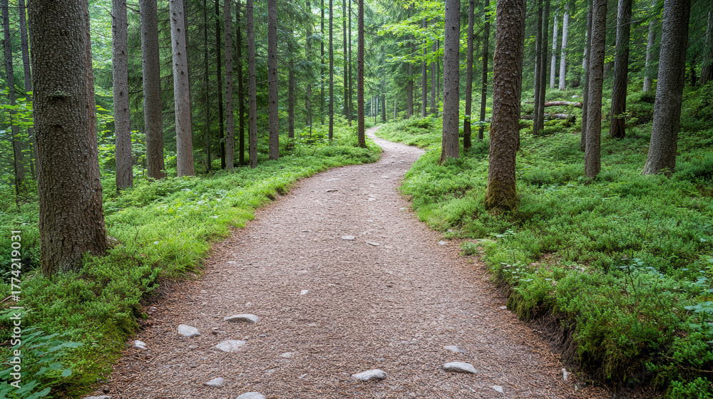 Obraz premium Serene forest path winding through tall trees and lush greenery invites exploration