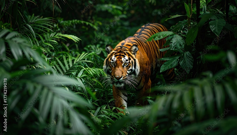 Fototapeta premium Magnificent Bengal tiger ambushing amidst lush green foliage in its habitat