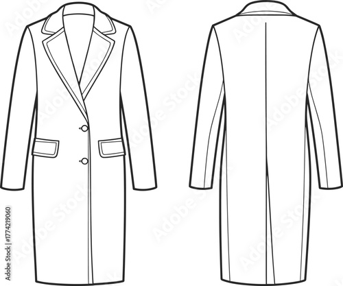 Long coat flat sketch, technical fashion drawing, apparel design template, front and back view, notched lapel, button closure, flap pockets illustration