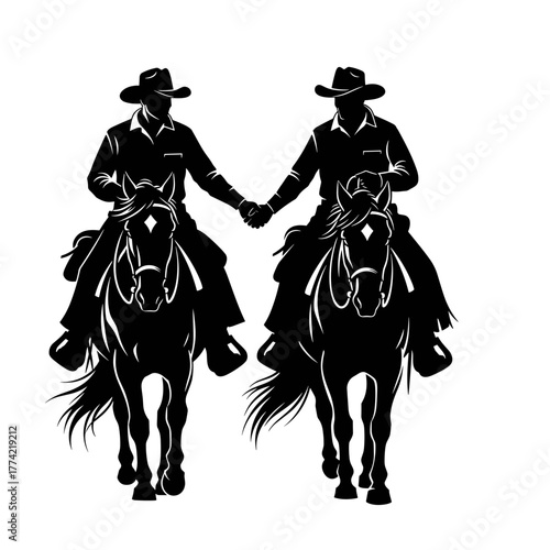 Silhouette of Two Cowboys Riding Horses and Holding Hands, Symbolizing Partnership and Western Adventure