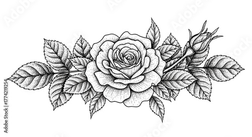 Exquisite vintage engraving style rose illustration with a central bloom, buds, and detailed leaves, perfect for historical botanical or decorative art.