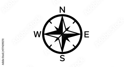 Circular Compass Rose Icon with Cardinal Points N, S, E, W for Wayfinding and Exploration