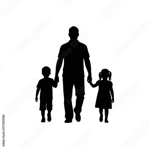 Silhouette of a Father Walking Hand-in-Hand with His Son and Daughter, Family Bond