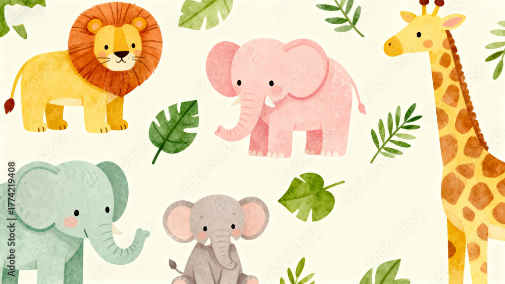 Naklejka premium Colorful cartoon animals in jungle setting
