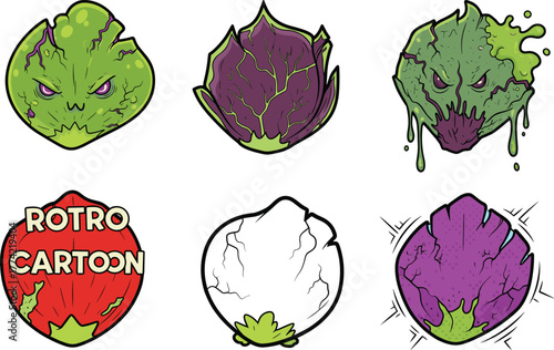 Creepy cartoon mutant plants with slime texture, glowing eyes, and fantasy monster buds, spooky botanical vector illustration set for Halloween design and horror art