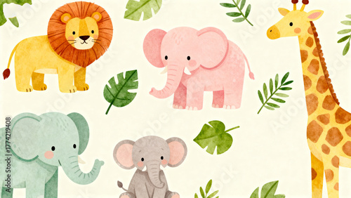 Fototapeta Naklejka Na Ścianę i Meble -  Colorful cartoon animals in jungle setting