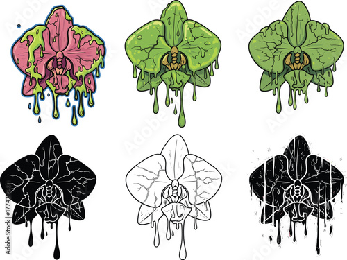Creepy dripping orchid flowers with melting slime texture, horror botanical concept for Halloween design, spooky plant vector illustration in multiple eerie color variations
