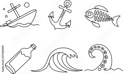 Nautical hand drawn sketch elements ship anchor fish ocean wave octopus tentacle bottle sketch