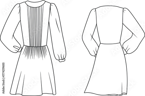 Long sleeve dress flat sketch, technical fashion drawing, apparel design template, front and back view, pleated bodice, flared skirt illustrationLong 