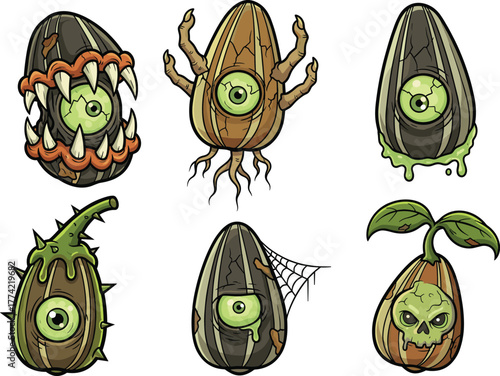 Creepy monster sunflower seed characters with single eyes, fantasy horror cartoon vector illustration, spooky Halloween mutant food design for eerie art projects