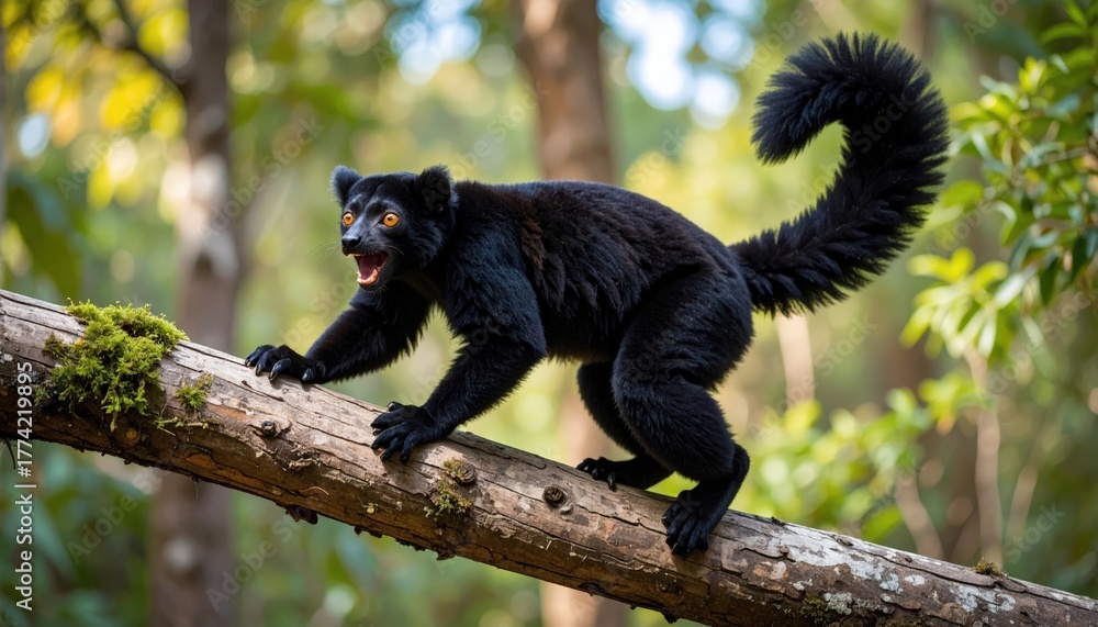Obraz premium Ebony lemur poised mid-branch expressing its wild nature in a lush forest