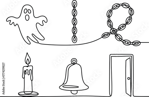 Spooky halloween icons single line drawing ghost candle bell door rosary for spooky vibes