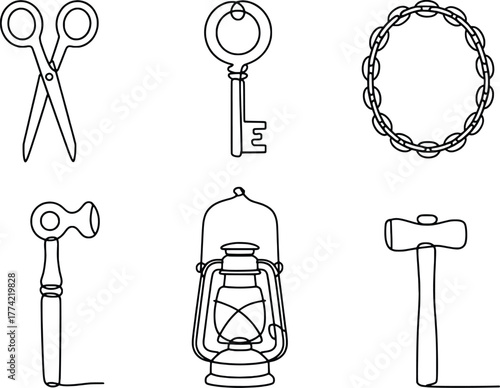 Vintage tools and objects collection antique scissors key lantern sledgehammer isolated