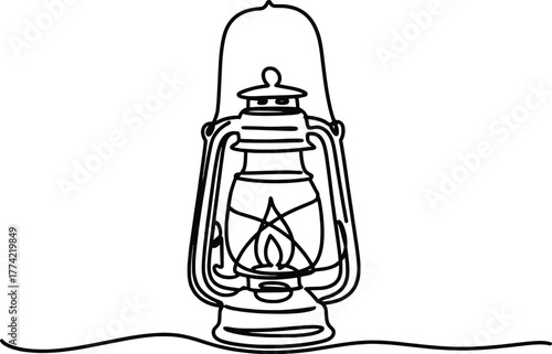 Classic kerosene lantern with a single continuous line drawing featuring a gentle flame
