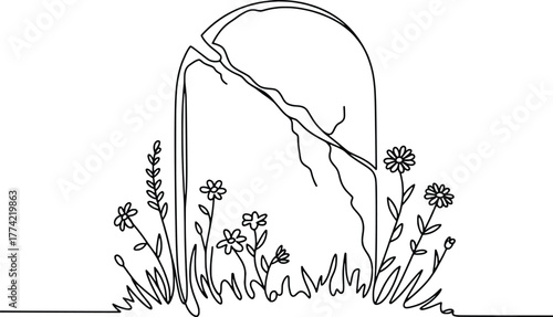 Minimalist line art tombstone with wildflowers artistic burial marker design