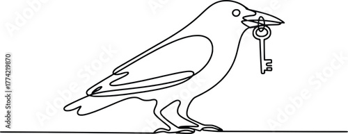 One line drawing of a crow holding a key in its beak symbolizing secrets or opportunity