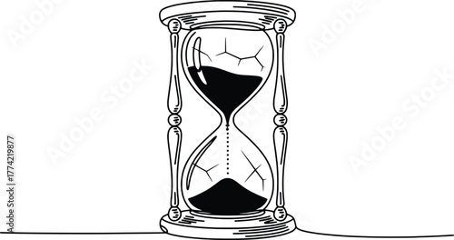 Antique hourglass with black sand flowing through glass symbolizing passing time and deadlines