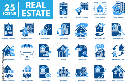 Real Estate Icon Set in Duotone Solid Style. Including management, mortgage, property, investment, and legal process. Useful for presentations, infographics, and web applications related to finance
