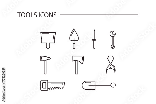 Hand tools, repair construction instruments pack with thin line vector icons, symbols. Minimalist collections for graphic design