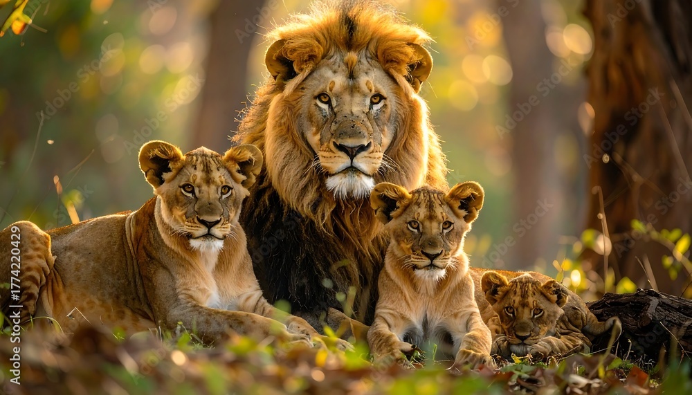 Obraz premium Family of lions resting in the sunshine. A majestic lion is the focal point