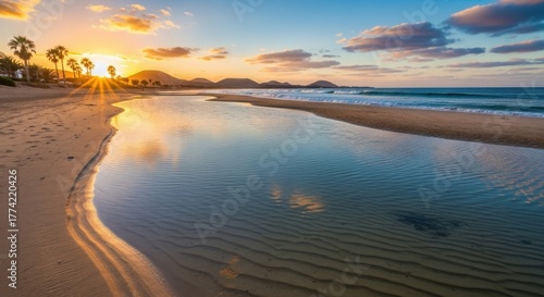 Fototapeta Naklejka Na Ścianę i Meble -  Mesmerizing sunset reflecting on tranquil beach waters, creating a serene and picturesque coastal