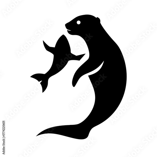 A silhouette of an otter holding fish in black vector art