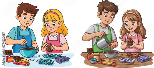 Cartoon children making chocolate treats, festive Easter preparation, teamwork in kitchen, cheerful kids with molds and wrappers, vector illustration